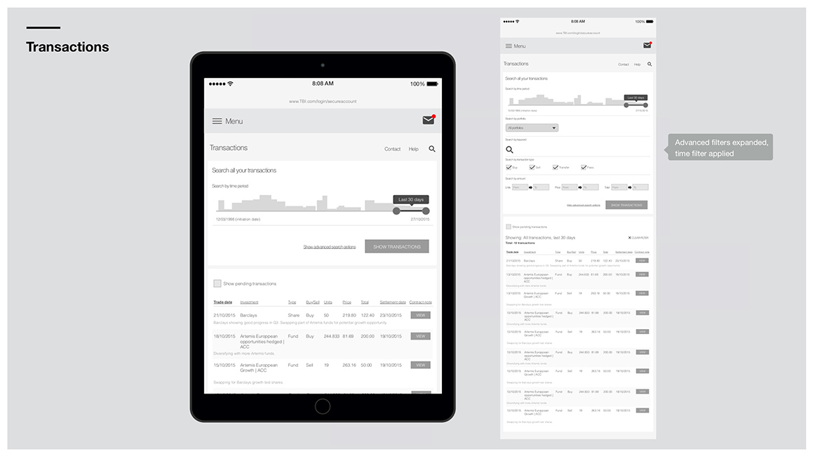 Transactions concept wireframe