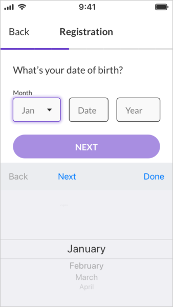 Mixed input date of birth form fields.